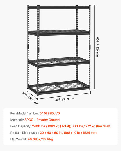 Förvaringshyllor, 2400 lbs, 4-våningars kraftiga garagehyllor, 20" D x 40" B x 60" H Justerbara metallhyllor för industriella hyllenheter, för kök, lager, källare, svarta
