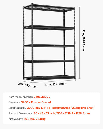 Storage Shelves, 3000 lbs, 5 Tier Heavy Duty Garage Shelving, 20" D x 48" W x 72" H Adjustable Metal Shelves for Industrial Shelving Unit Utility Shelf, for Kitchen, Warehouse, Basement, Black