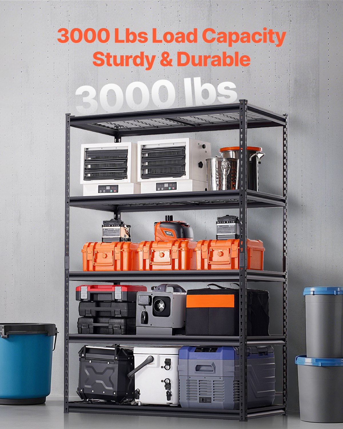 Förvaringshyllor, 1360 kg, 5-vånings kraftiga garagehyllor, 61 cm D x 122 cm B x 183 cm H Justerbara metallhyllor för industriella hyllenheter, för kök, lager, källare, svarta
