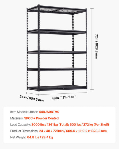Förvaringshyllor, 1360 kg, 5-vånings kraftiga garagehyllor, 61 cm D x 122 cm B x 183 cm H Justerbara metallhyllor för industriella hyllenheter, för kök, lager, källare, svarta