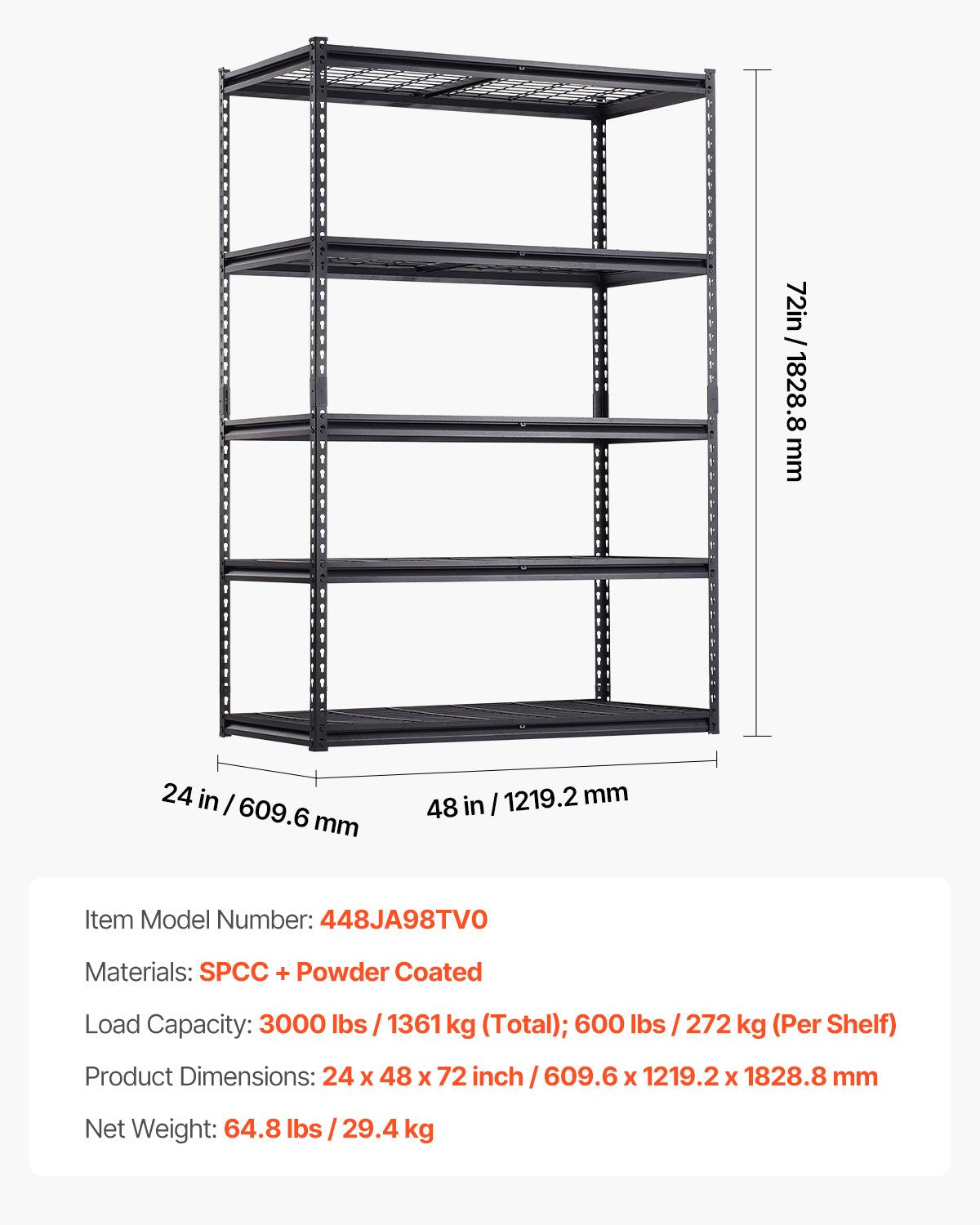Förvaringshyllor, 1360 kg, 5-vånings kraftiga garagehyllor, 61 cm D x 122 cm B x 183 cm H Justerbara metallhyllor för industriella hyllenheter, för kök, lager, källare, svarta