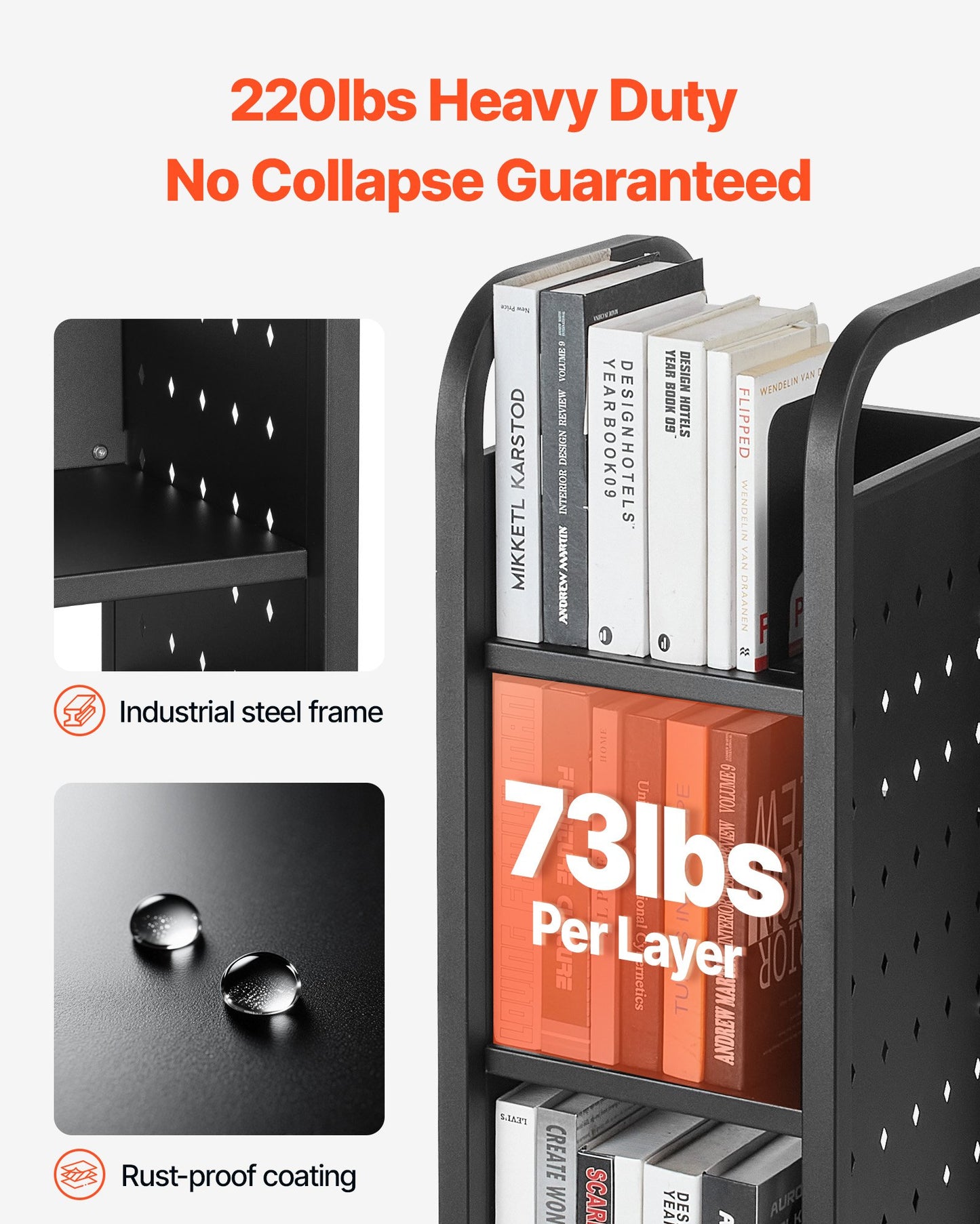 Rullande biblioteksbokvagn, 100 kg kapacitet, 32 x 35 x 93,5 cm biblioteksvagn, enkelsidiga L-formade hyllor med 50,8 mm låsbara hjul, bokvagn för hemhyllor, kontor och skola, svart