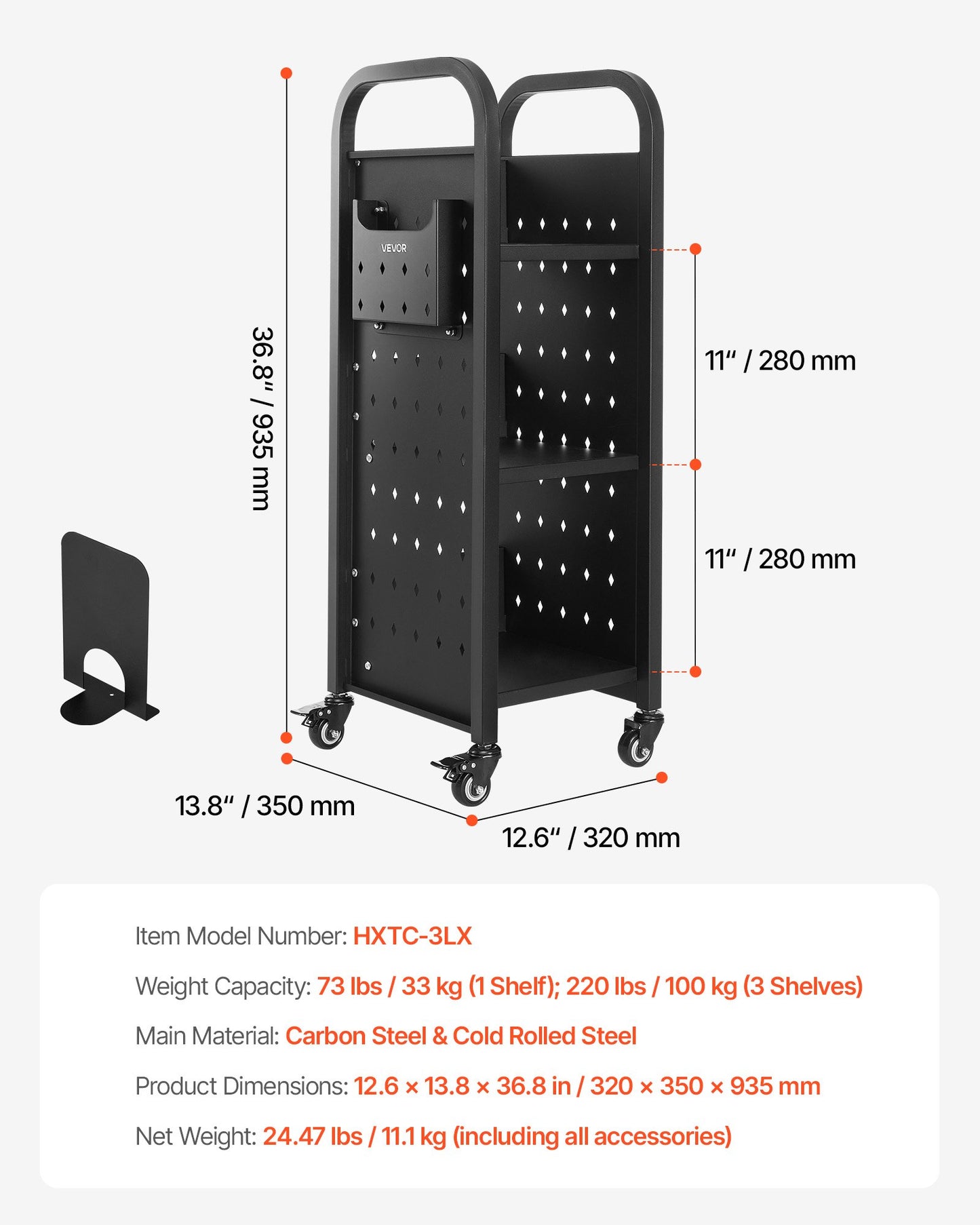 Rullande biblioteksbokvagn, 100 kg kapacitet, 32 x 35 x 93,5 cm biblioteksvagn, enkelsidiga L-formade hyllor med 50,8 mm låsbara hjul, bokvagn för hemhyllor, kontor och skola, svart