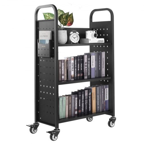 Rullande biblioteksbokvagn, 150 kg kapacitet, 77 x 38 x 122 cm biblioteksvagn, enkelsidiga L-formade hyllor med 76,2 mm låsbara hjul, bokvagn för hemhyllor, kontor och skola, svart