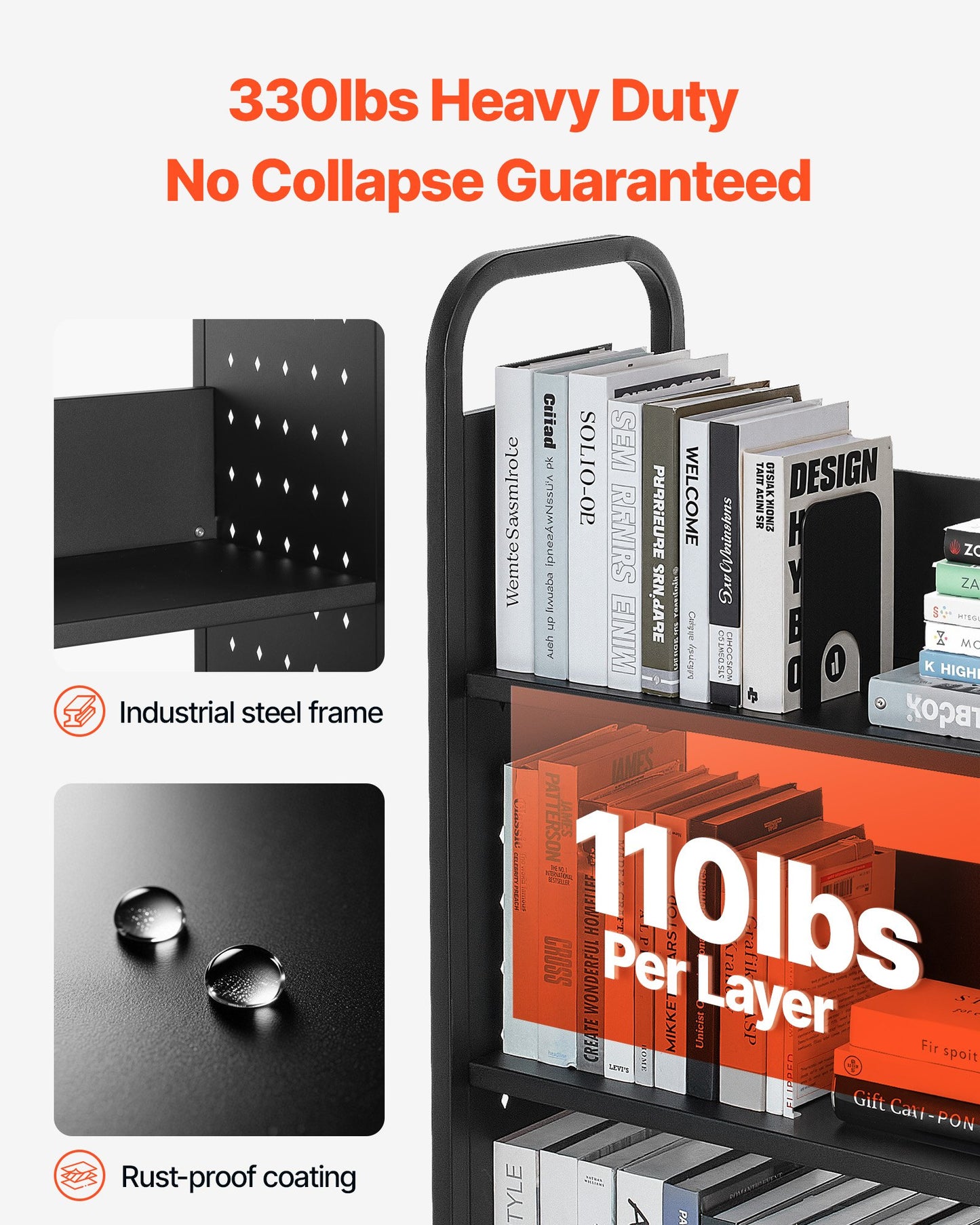 Rullande biblioteksbokvagn, 150 kg kapacitet, 77 x 38 x 122 cm biblioteksvagn, enkelsidiga L-formade hyllor med 76,2 mm låsbara hjul, bokvagn för hemhyllor, kontor och skola, svart