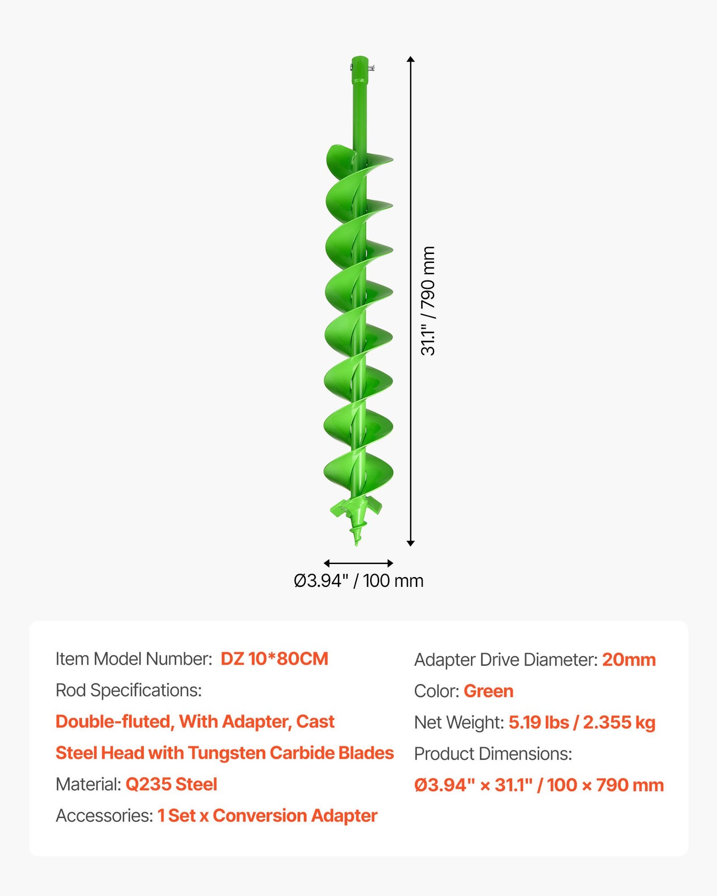 Borrkrona för plantering, 100 x 790 mm spiralborrkrona, kompatibel med borrar med 20 mm innerdiameter, kraftigt verktyg för lökplantering, stolphålsborrtillbehör för trädgårdsgrävare