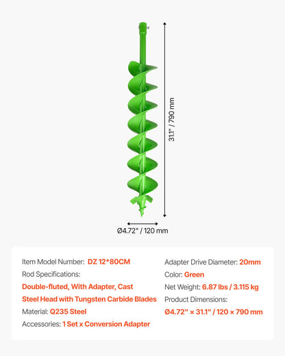 Borrkrona för plantering, 120 x 790 mm spiralborrkrona, kompatibel med borrar med 20 mm innerdiameter, kraftigt verktyg för lökplantering, stolphålsborrtillbehör för trädgårdsgrävare