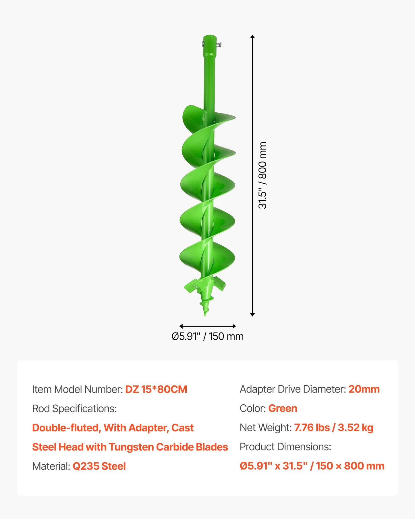 Borrkrona för plantering, 150 x 800 mm spiralborrkrona, kompatibel med borrar med 20 mm innerdiameter, kraftigt verktyg för lökplantering, stolphålsborrningstillbehör för trädgårdsstaket