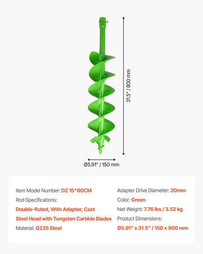 Borrkrona för plantering, 150 x 800 mm spiralborrkrona, kompatibel med borrar med 20 mm innerdiameter, kraftigt verktyg för lökplantering, stolphålsborrningstillbehör för trädgårdsstaket