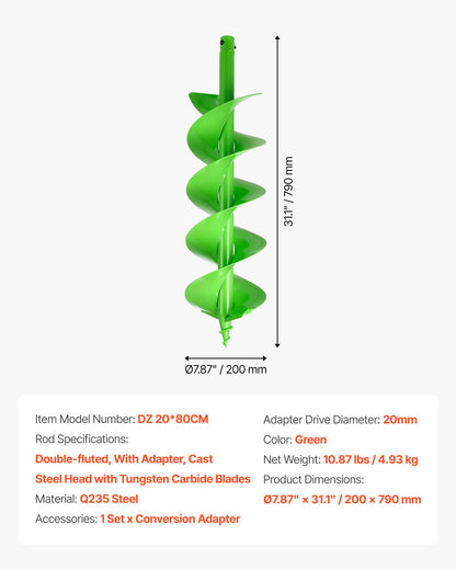 Borr för plantering, 200 x 790 mm spiralborr, kompatibel med borrar med 20 mm innerdiameter, kraftigt verktyg för lökplantering, stolphålsborrtillbehör för trädgårdsstaket