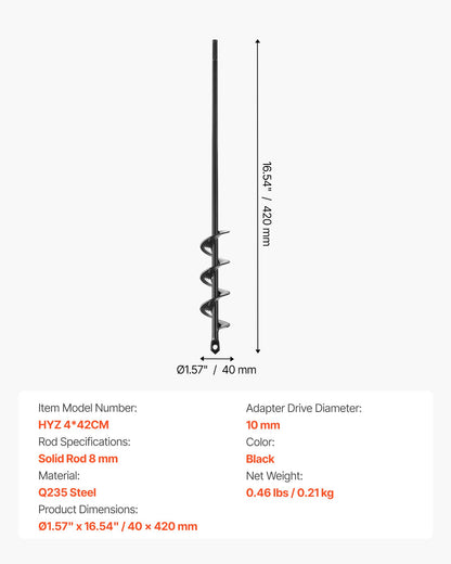 Borr för plantering, 40 x 420 mm spiralborr, för 3/8" sexkantsborrar, kraftigt verktyg för lökplantering, hålborrningstillbehör för grävning av trädgårdsstolpar, staket