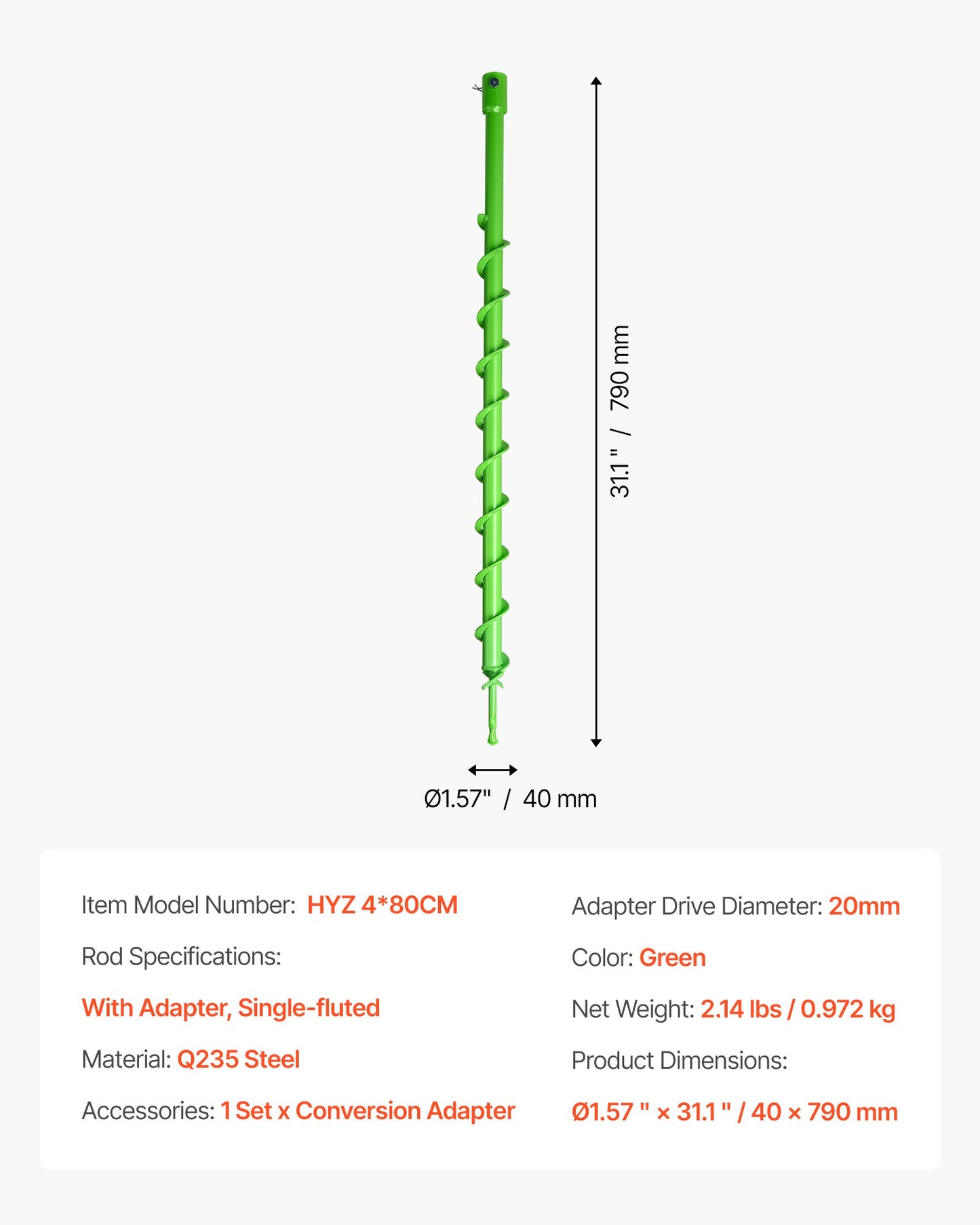 Borrkrona för plantering, 40 x 800 mm spiralborrkrona, kompatibel med borrar med 20 mm innerdiameter, kraftigt verktyg för lökplantering, stolphålsborrtillbehör för trädgårdsgrävare