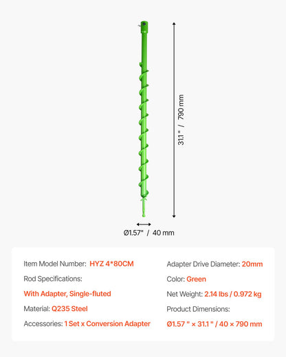 Borrkrona för plantering, 40 x 800 mm spiralborrkrona, kompatibel med borrar med 20 mm innerdiameter, kraftigt verktyg för lökplantering, stolphålsborrtillbehör för trädgårdsgrävare