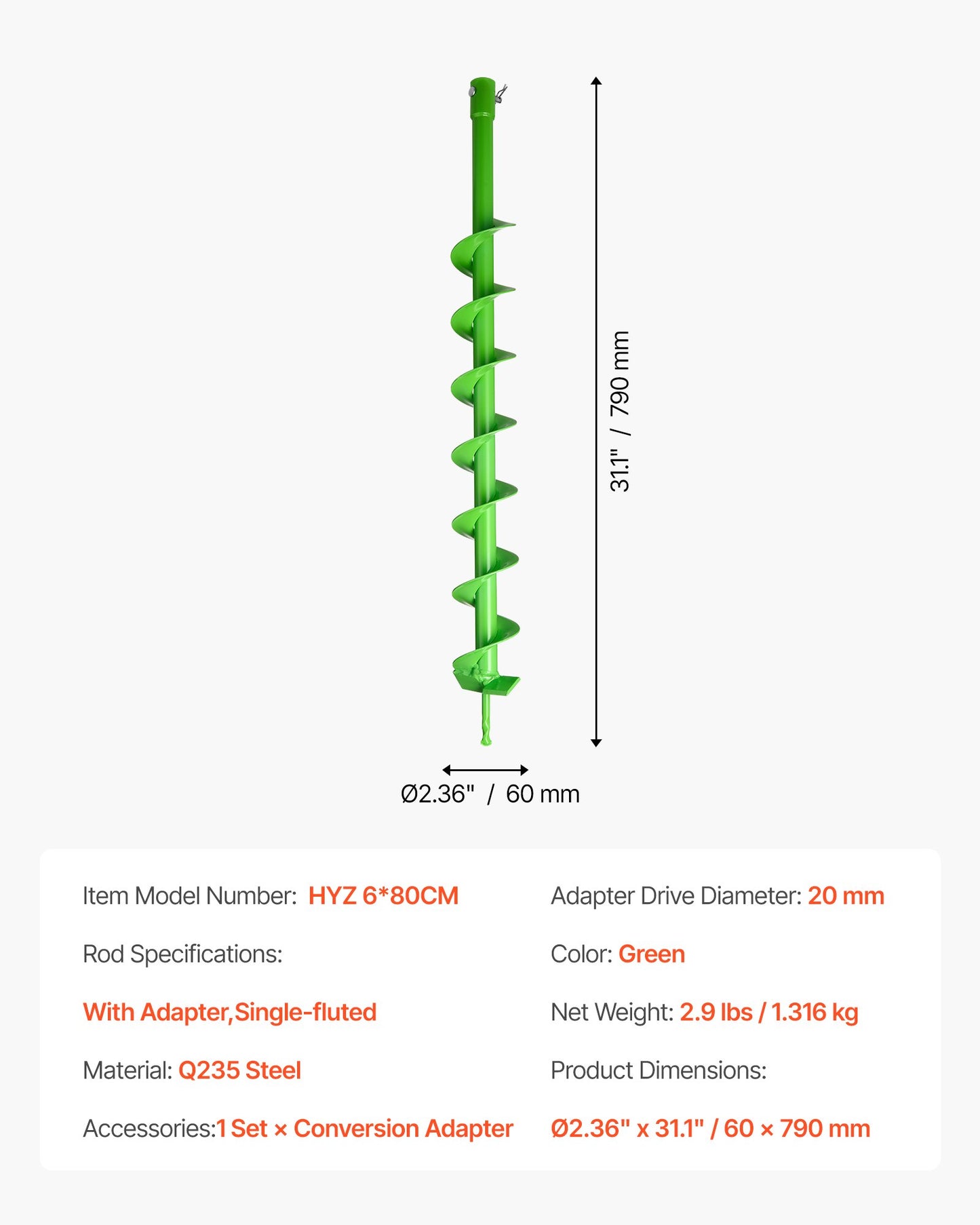 Auger Drill Bit for Planting, 60 x 800 mm Spiral Drill Bit, Compatible with 20mm ID Drive Drills, Heavy Duty Bulb Planter Tool, Post Hole Drilling Attachments for Garden Digger Fence