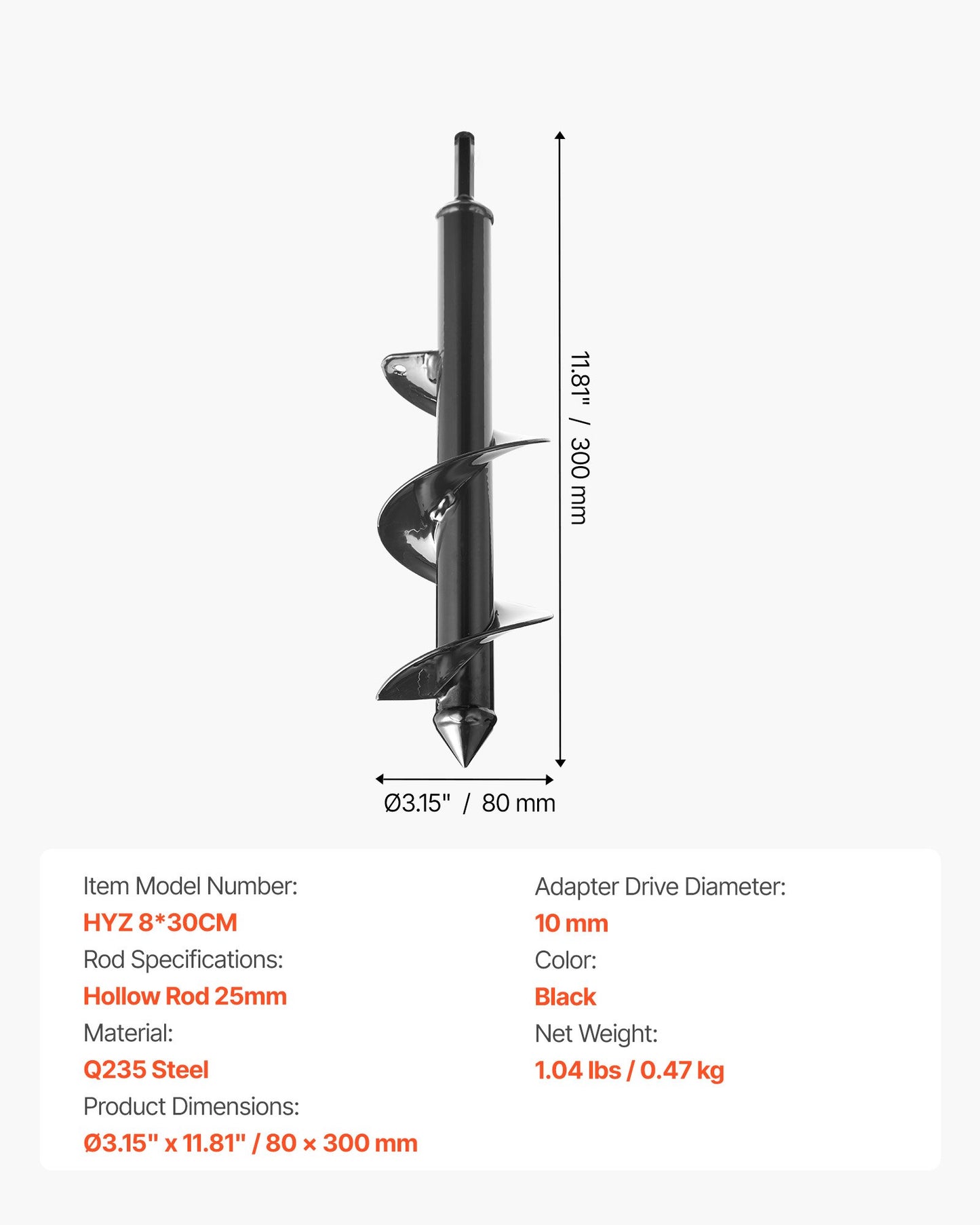 Borr för plantering, 80 x 300 mm spiralborr, för 3/8" sexkantsborrar, kraftigt verktyg för lökplantering, hålborrningstillbehör för grävning av trädgårdsstolpar, staket