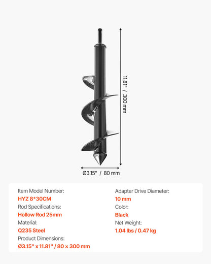 Borr för plantering, 80 x 300 mm spiralborr, för 3/8" sexkantsborrar, kraftigt verktyg för lökplantering, hålborrningstillbehör för grävning av trädgårdsstolpar, staket