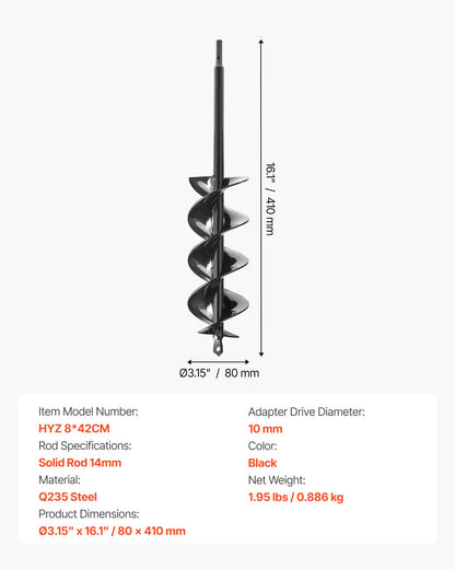 Borr för plantering, 80 x 410 mm spiralborr, för 3/8" sexkantsborrar, kraftigt verktyg för lökplantering, hålborrningstillbehör för grävning av trädgårdsstolpar, staket