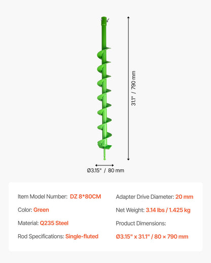Borr för plantering, 80 x 790 mm spiralborr, kompatibel med borrar med 20 mm innerdiameter, kraftigt verktyg för lökplantering, stolphålsborrtillbehör för trädgårdsgrävare