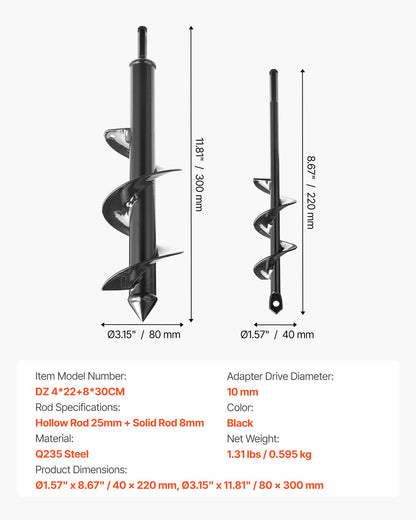 Auger Drill Bit for Planting Set of 2, 40 x 220 mm & 80 x 300 mm, Spiral Drill Bit for 3/8" Hex Drive Drills, Heavy Duty Bulb Planter Tool, Hole Drilling Attachments for Digger
