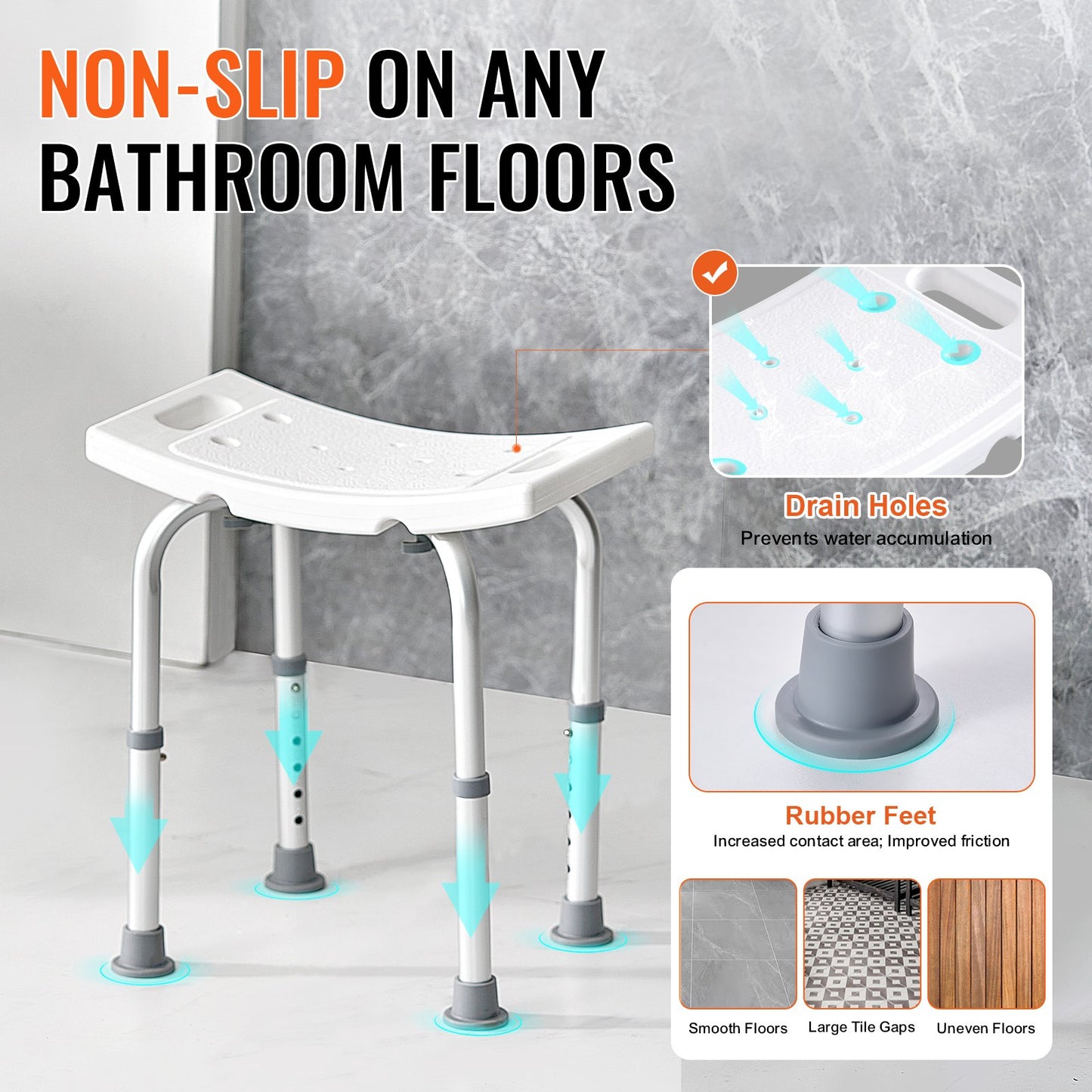 Shower Chair, Adjustable Height Shower Stool with Built-in Handles, Shower Seat for Inside Shower or Tub, Non-Slip Bench Bathtub Stool Seat for Elderly Disabled Handicap, 158.8 kg Capacity