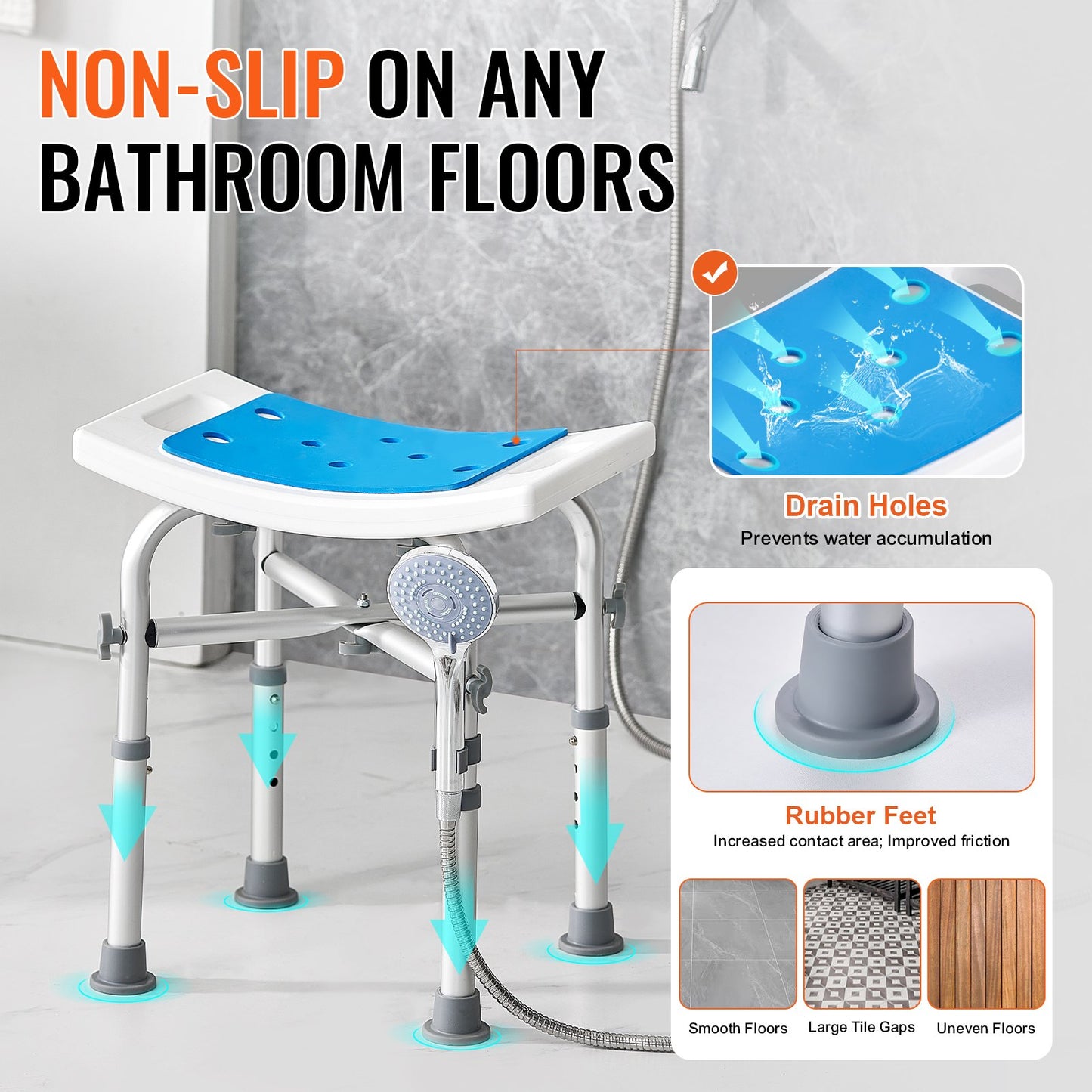 Shower Chair, Adjustable Height Shower Stool with Crossbar Support, Shower Seat for Inside Shower or Tub, Non-Slip Bench Bathtub Stool Seat for Elderly Disabled Handicap, 226.8 kg Capacity