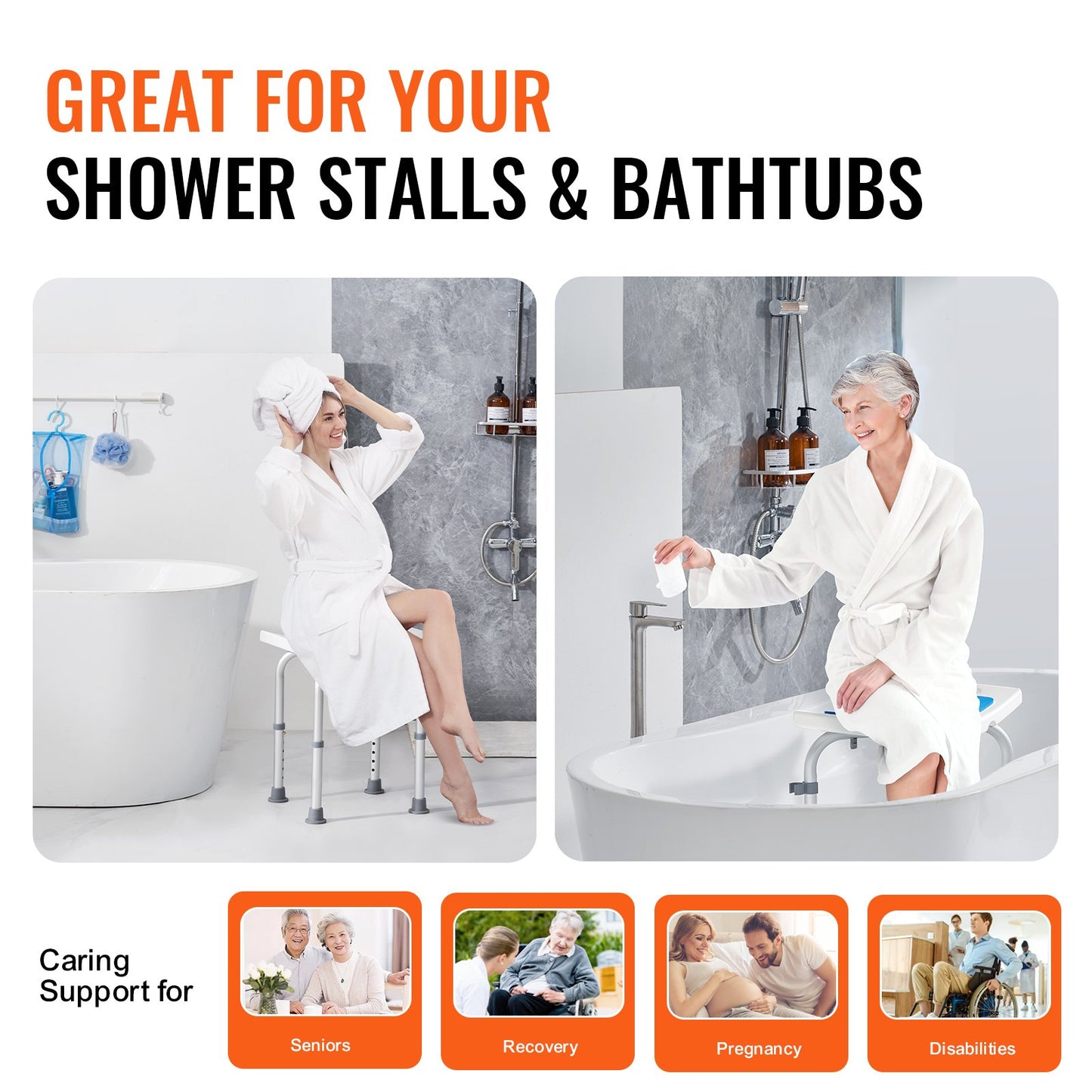 Shower Chair, Adjustable Height Shower Stool, Shower Seat for Inside Shower or Tub, Non-Slip Bench Bathtub Stool Seat for Elderly Disabled Handicap, 158.8 kg Capacity