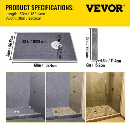 Shower Curb Kit 38" x 60" Watertight Shower Curb Overlay with 4\" PVC Offset Bonding Flange, 4\" Stainless Steel Grate, 2 Cuttable Shower Curb and Trowel, Shower Pan Slope Sticks Fit for Bathr