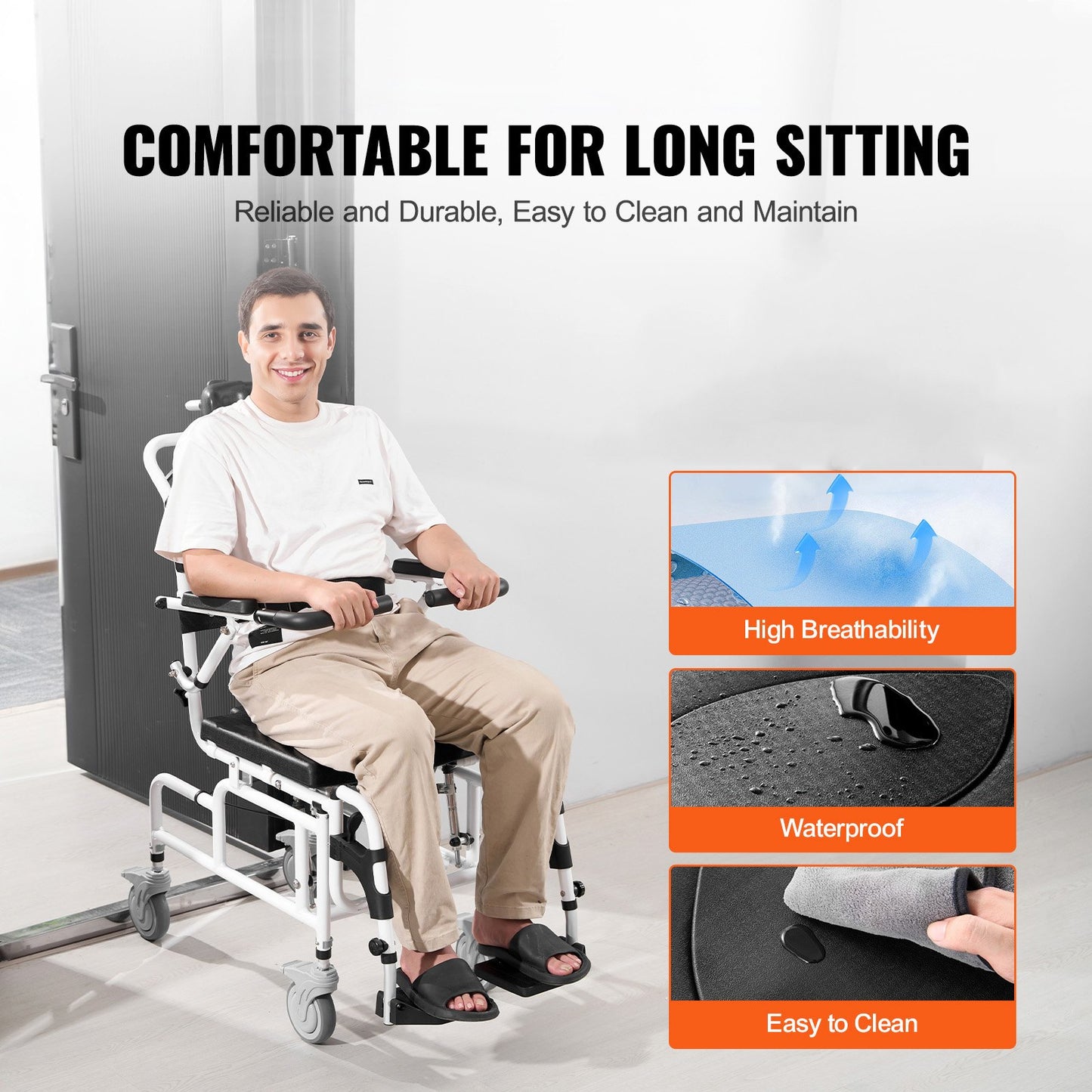 Shower Wheelchair 17.5in/44.5 cm Al Alloy Bathroom Wheelchair for Disabled Adult