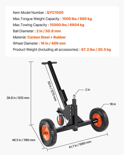 Trailer Dolly, 1500lbs Tongue Weight Capacity, 2 in 1 Trailer Mover with 2 in Ball, 16 in Pneumatic Tires and Universal Wheel, Portable Tow Dolly for Moving Car RV Trailer