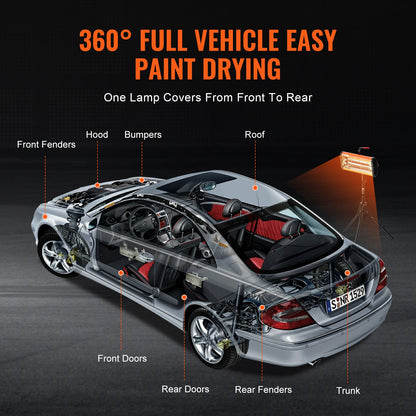 Infrared Curing Lamp, Handheld/Stand Dual Use, 2000W 0-90 min Timing, Auto Heating Car Curing Light with Bracket, 3.55 sq.ft Spray Baking Booth Heaters, Paint Dryer for On-Site Repair