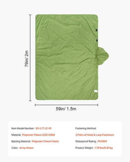Camping Blanket 2x1,5m (79" x 59") Wearable Warm Stadium Blanket Outdoor Light Green