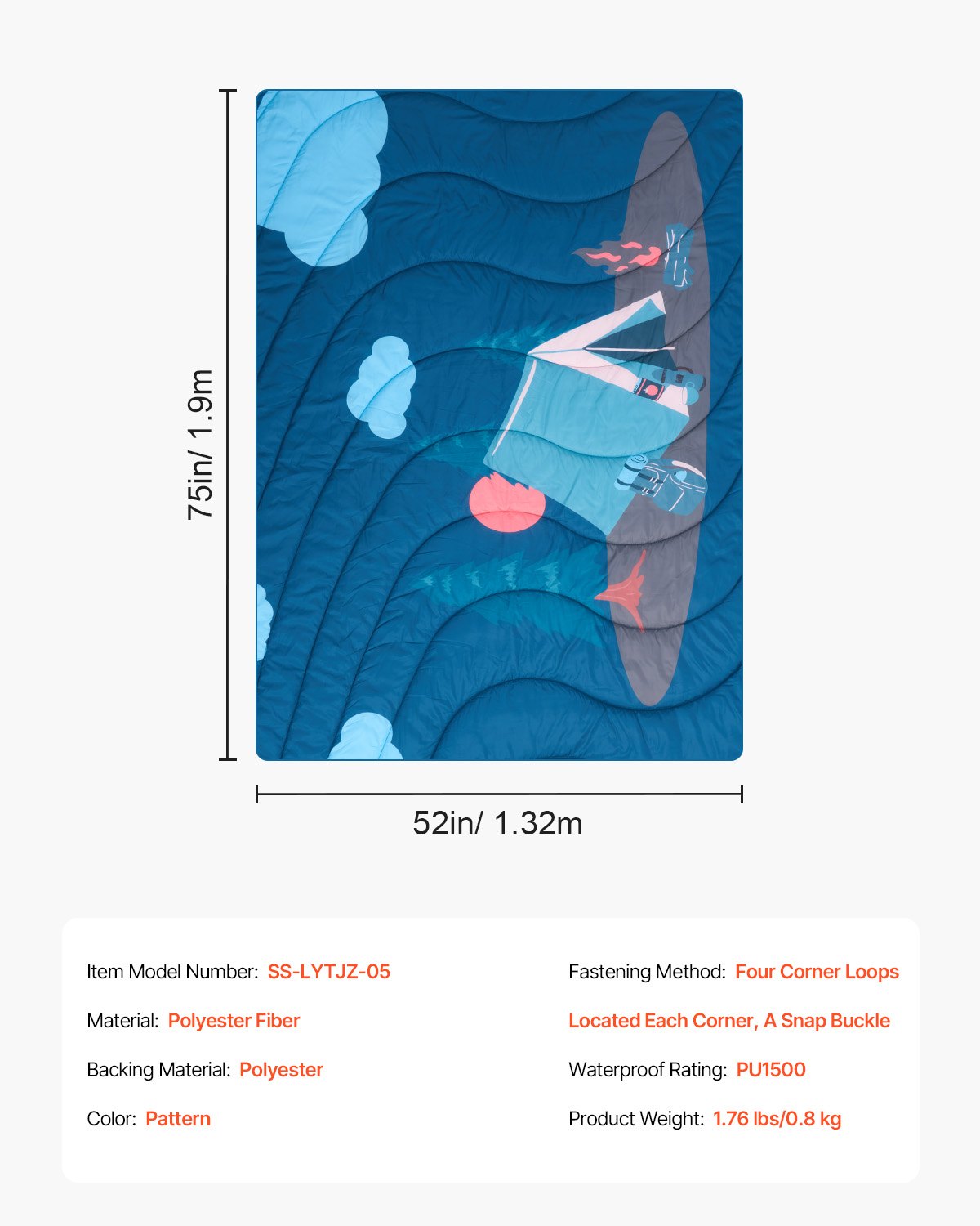 Camping Blanket 1.9 x 1.32 m (75" x 52") Wearable Warm Stadium Blanket Outdoor Printed