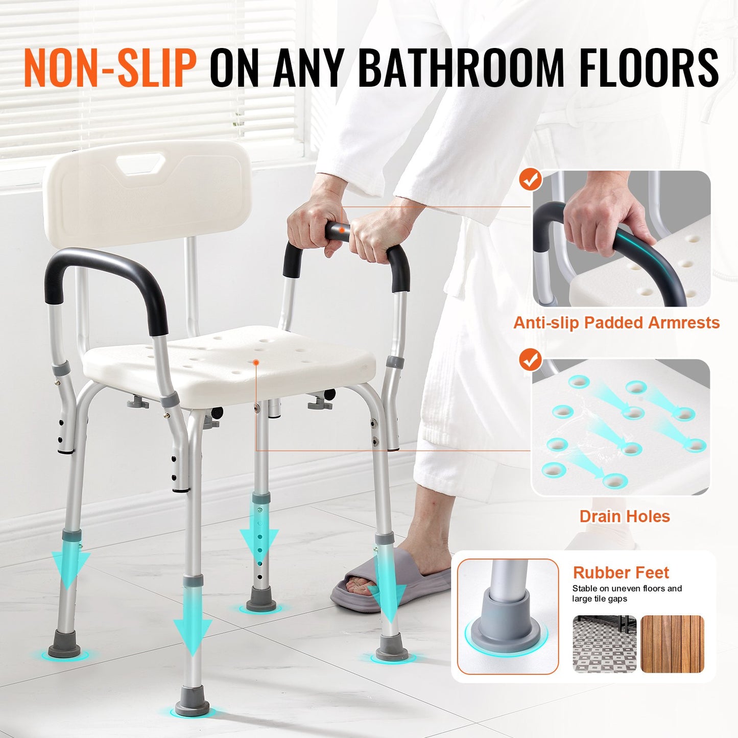 Shower Chair, Shower Seat with Back, Adjustable Height Shower Stool, Shower Chair for Inside Shower Bathtub, Non-slip Bathroom Bench Bath Chair for Elderly Disabled Handicap, 158.8 kg Capacity