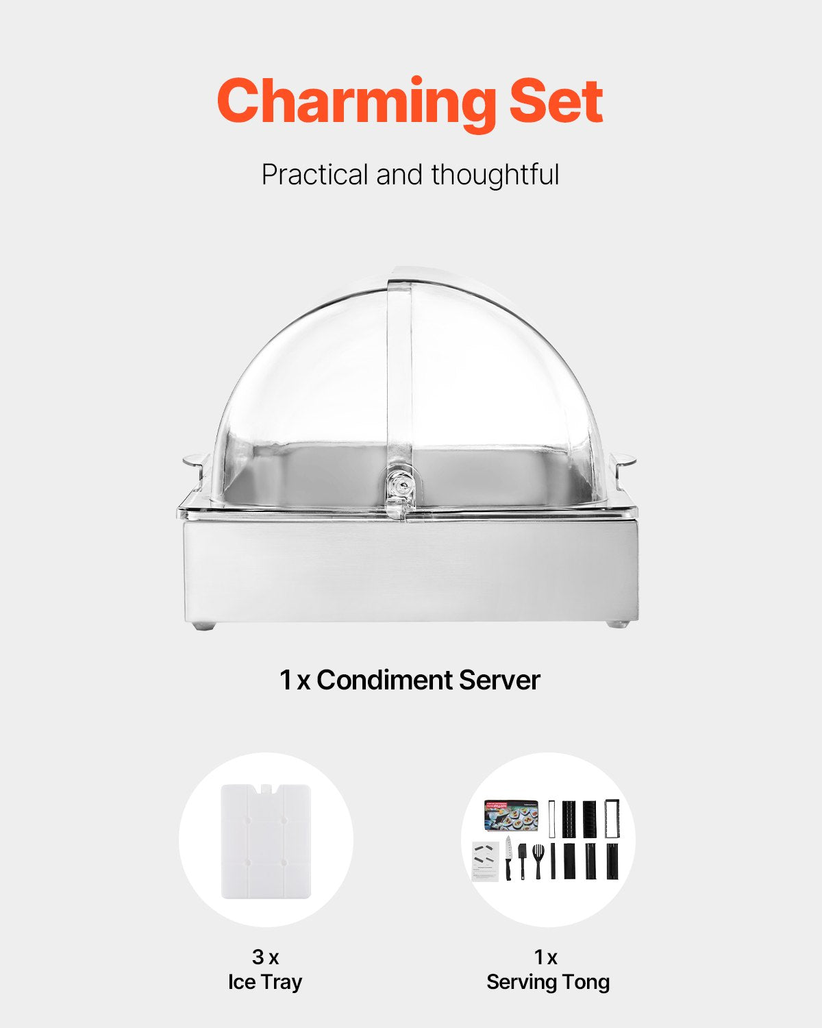 Bänkmonterad matserveringsbehållare, 1 x 1-formad serveringsbricka i rostfritt stål, buffékryddodispenser med genomskinligt lock och 3 isbrickor, för restaurang, hotellkök, fest