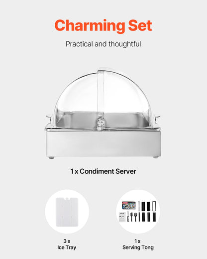 Bänkmonterad matserveringsbehållare, 1 x 1-formad serveringsbricka i rostfritt stål, buffékryddodispenser med genomskinligt lock och 3 isbrickor, för restaurang, hotellkök, fest