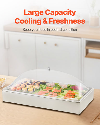 Bänkmonterad matserveringsbehållare, 1 x 1-formad serveringsbricka i rostfritt stål, buffékryddodispenser med genomskinligt båglock och 3 isbrickor, för restaurang, hotell, fest