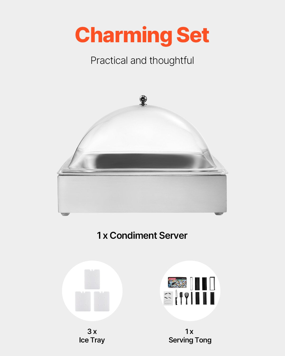 Bänkmonterad matserveringsbehållare, 1 x 1-formad serveringsbricka i rostfritt stål, buffékryddodispenser med genomskinligt båglock och 3 isbrickor, för restaurang, hotell, fest