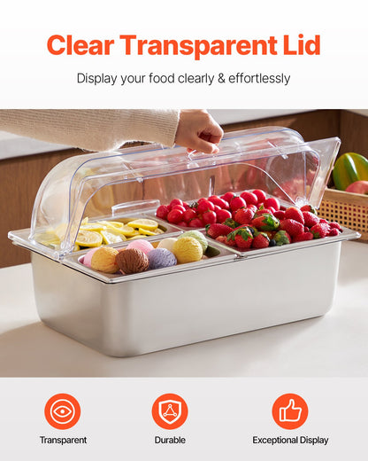 Countertop Food Serving Display Container, 4 Pan Stainless Steel Food Serving Tray, Buffet Condiment Dispenser Display Rack with Clear Lid & 3 Freezer Boxes, for Restaurant Hotel Kitchen Party