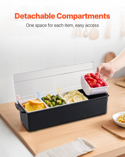 Chilled Condiment Server, 4 Compartment Ice Cooled Condiment Serving Container, Chilled Garnish Tray Bar Caddy with Lid, for Bartending & Serving Taco, Salad, Fruit, Home & Restaurant Supplies