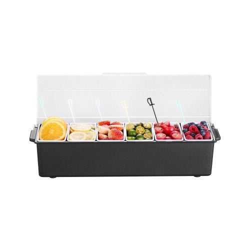 Chilled Condiment Server, 6 Compartment Ice Cooled Condiment Serving Container, Chilled Garnish Tray Bar Caddy with Lid, for Bartending & Serving Taco, Salad, Fruit, Home & Restaurant Supplies