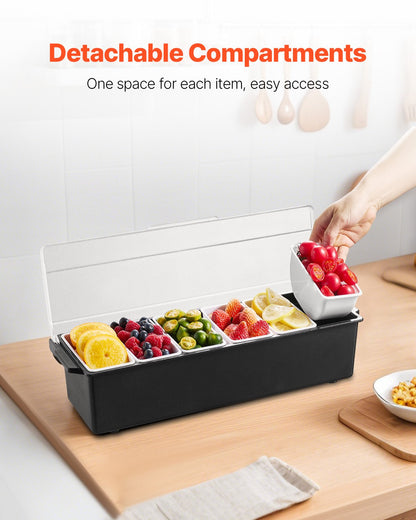 Chilled Condiment Server, 6 Compartment Ice Cooled Condiment Serving Container, Chilled Garnish Tray Bar Caddy with Lid, for Bartending & Serving Taco, Salad, Fruit, Home & Restaurant Supplies