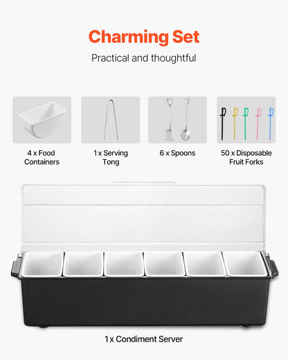 Chilled Condiment Server, 6 Compartment Ice Cooled Condiment Serving Container, Chilled Garnish Tray Bar Caddy with Lid, for Bartending & Serving Taco, Salad, Fruit, Home & Restaurant Supplies