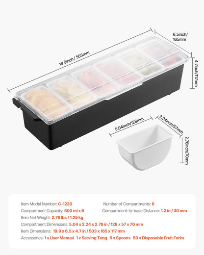 Chilled Condiment Server, 6 Compartment Ice Cooled Condiment Serving Container, Chilled Garnish Tray Bar Caddy with Lid, for Bartending & Serving Taco, Salad, Fruit, Home & Restaurant Supplies