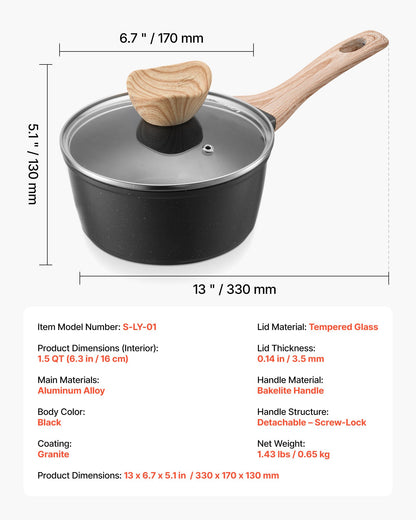 1,5 qt kastrull, nonstick-kastrull med härdat glaslock, mångsidig såsgryta med avtagbart handtag, kastrull för liten köksgryta med beläggning, induktionskompatibel, svart