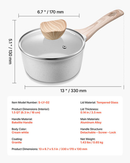 1,5 qt kastrull, nonstick-kastrull med härdat glaslock, mångsidig såsgryta med avtagbart handtag, kastrull för liten köksgryta med beläggning, induktionskompatibel, vit