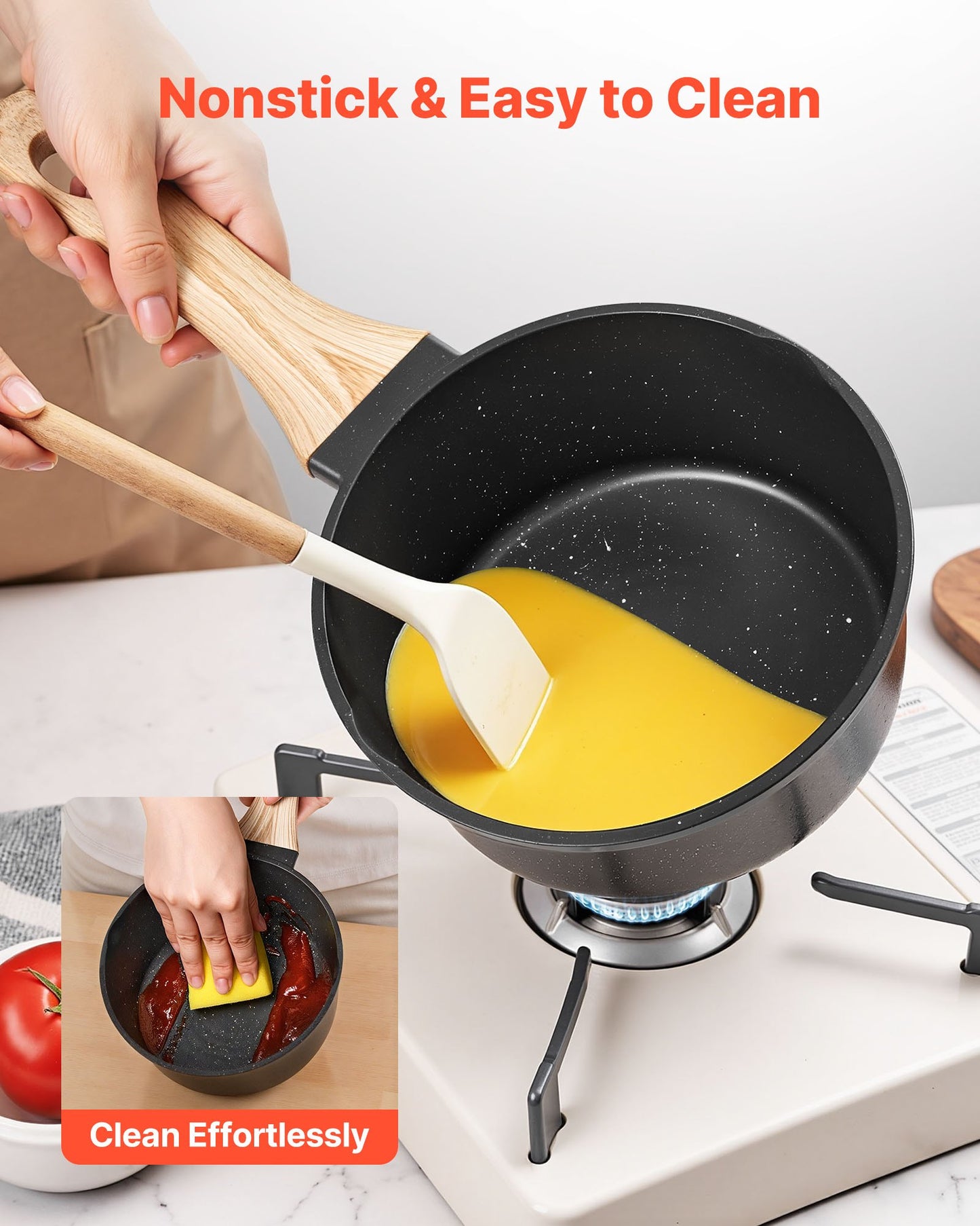 2,5 qt kastrull, nonstick-kastrull med härdat glaslock, mångsidig såsgryta med avtagbart handtag, kastrull för liten köksgryta med beläggning, induktionskompatibel, svart