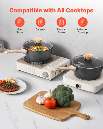 2,5 qt kastrull, nonstick-kastrull med härdat glaslock, mångsidig såsgryta med avtagbart handtag, kastrull för liten köksgryta med beläggning, induktionskompatibel, svart