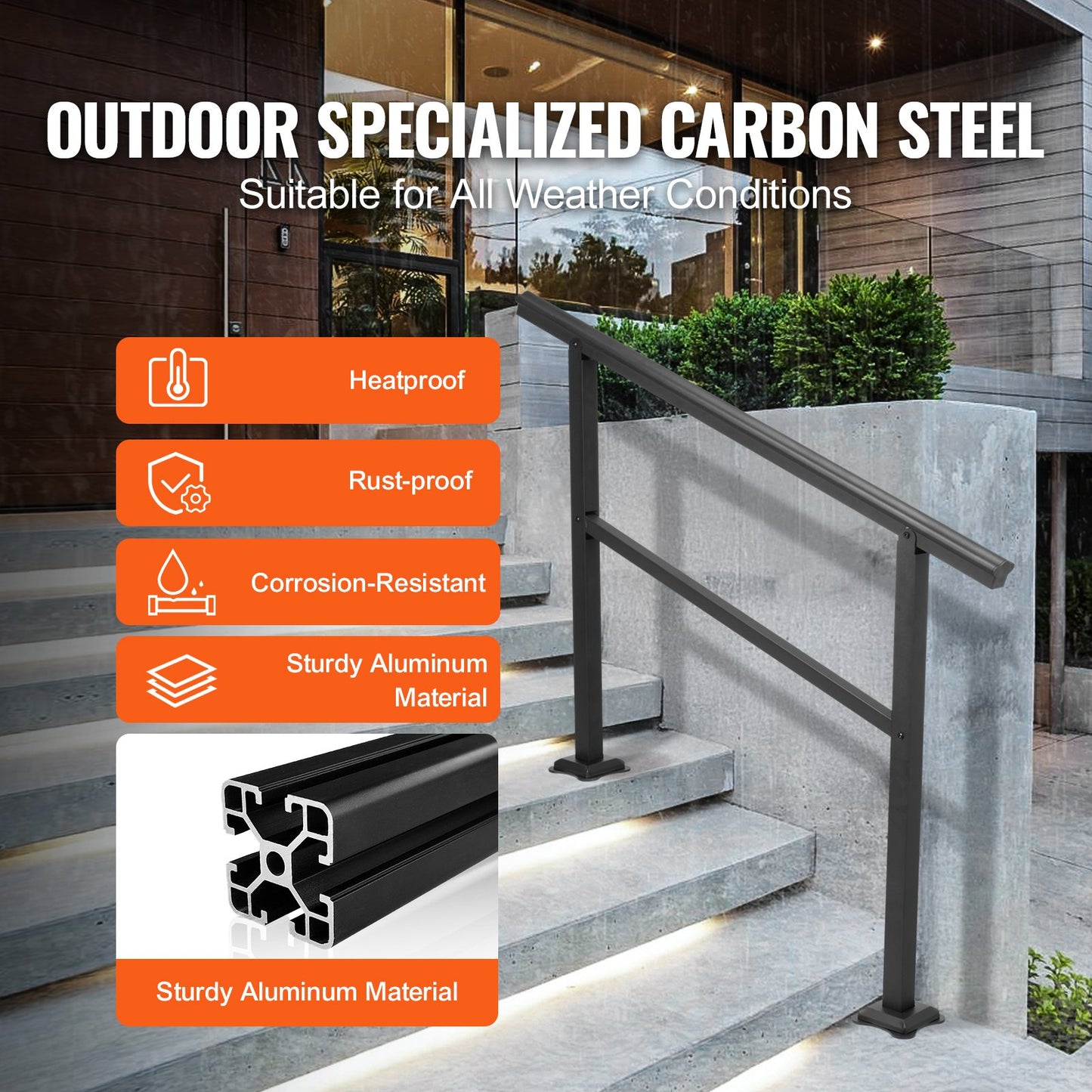 Handrail Banister Outdoor Stairs 48X35.5 Inch Outdoor Handrail Stair Railing Adjustable from 0 to 45 Degrees Handrail for Cross Bar Stairs Outdoor Aluminum Black Stair Railing