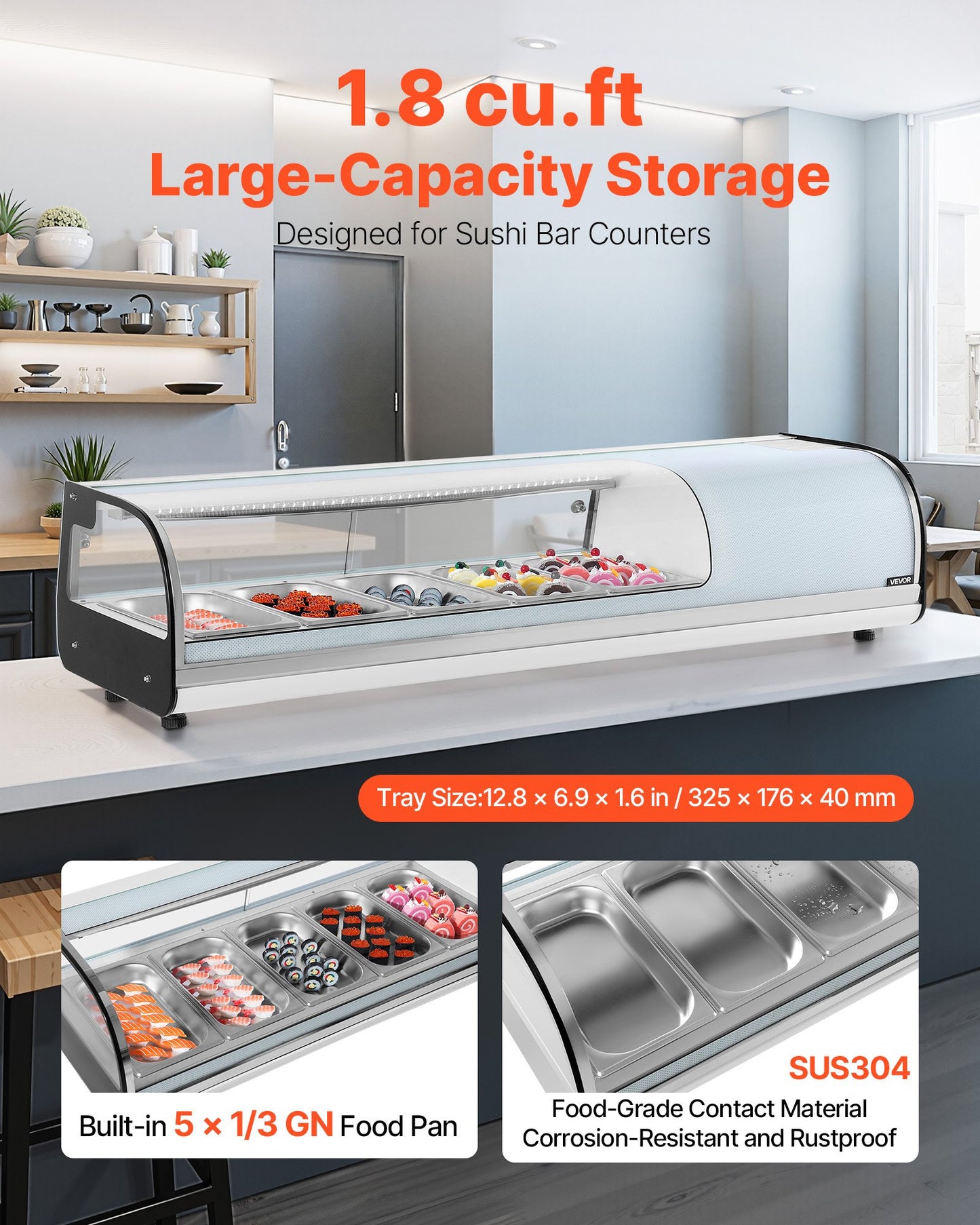 Sushi-kylskåp, 52 liters kommersiell sushilåda, bänkmonter med 5 bänkskivor, böjt glas, LED-belysning och digital temperaturkontroll, för sushibardisk, restaurang, butik