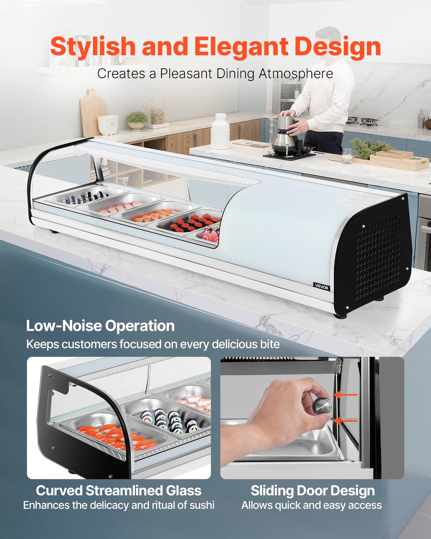 Sushi-kylskåp, 52 liters kommersiell sushilåda, bänkmonter med 5 bänkskivor, böjt glas, LED-belysning och digital temperaturkontroll, för sushibardisk, restaurang, butik